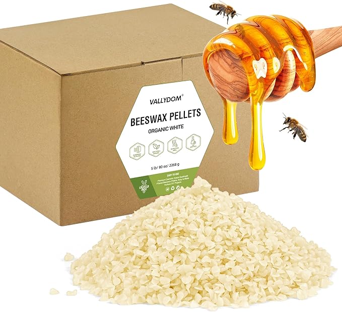 VALLYDOM Organic Beeswax Pellets - 2268g White Beeswax Pastilles, Pure Natural Bulk Bees Wax Pellets for DIY Beeswax Making Candles Skin Care Lip Balm Soap Lotion (5lb)