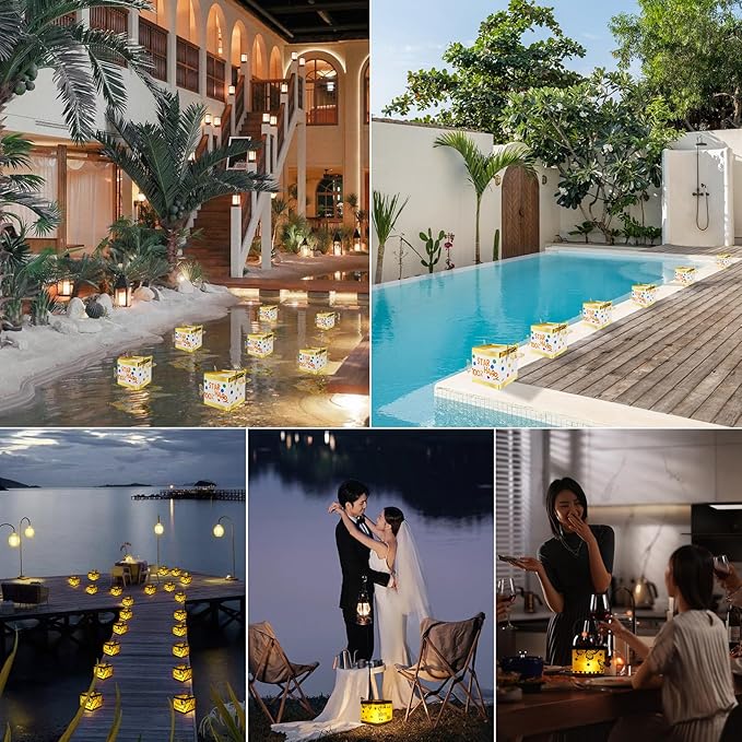 12PCS Gold+White LED Outdoor Floating Candle Lantern Kit - DIY Tangled Paper Lantern Pattern, Waterproof Wishing Lanterns for Garden, Patio, Hallowee & Christmas,Wedding Pool Decoratio