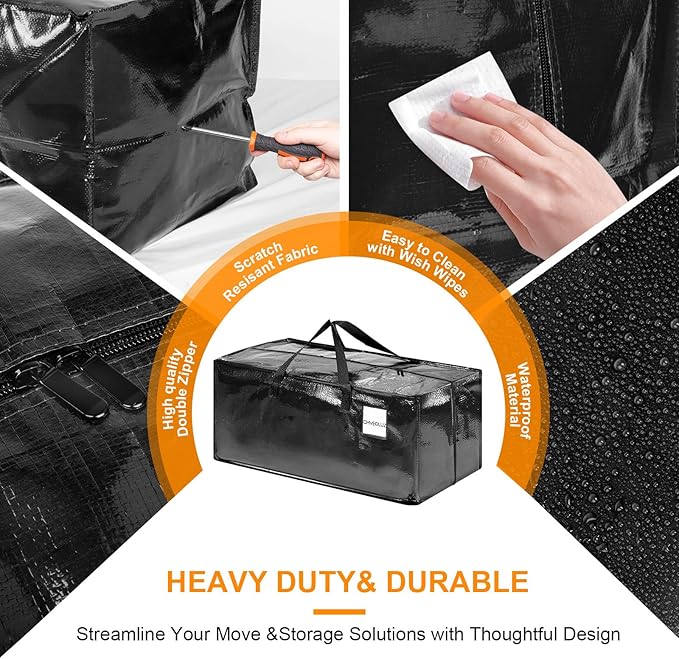 CHVEGLUZ 4 Packs Moving Bags Heavy Duty Extra Large,Storage Bags with Zipper&Handles, Sturdy&Durable Clothes Storage Bags Totes for College Dorm Essentials, Moving Boxes for College Supplies, Black