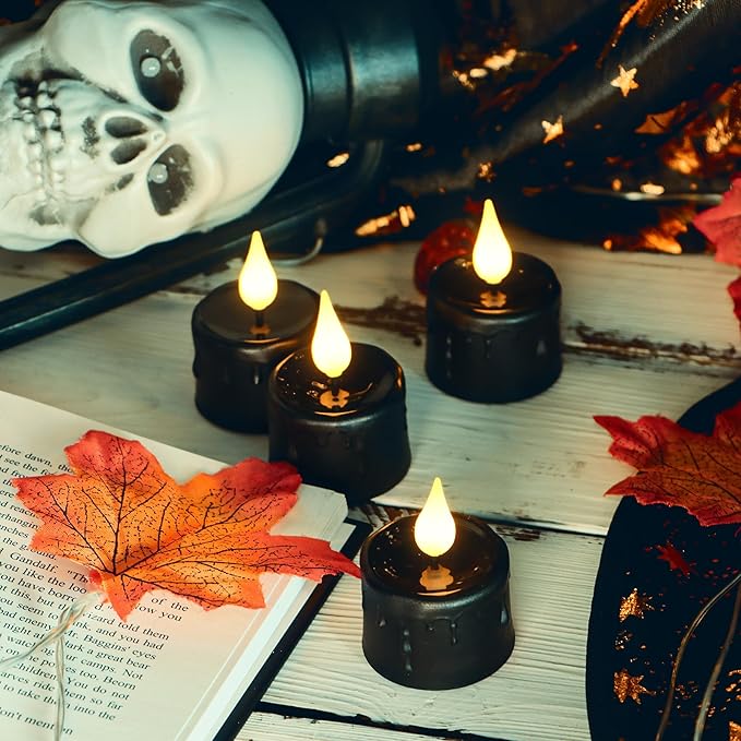 Daord 6 pcs Rechargeable Halloween Black Flameless LED Tea Light Candles Halloween Pumpkins Lights for Holiday Decor, Theme Party Decor(Black)