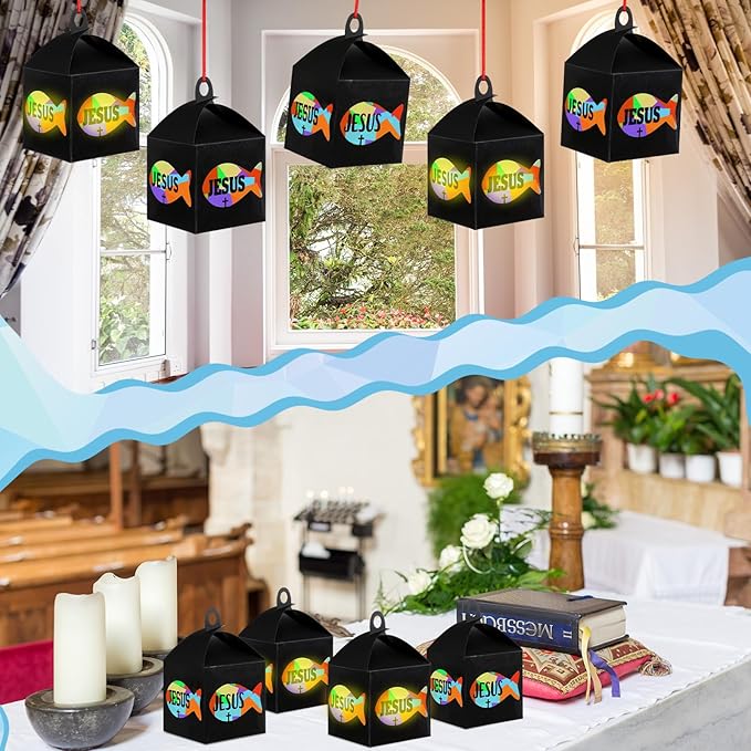 Simgoing 12 Sets Religious Fish Crafts with LED Candle Light Sunday School Crafts DIY Faith Jesus Fish Tissue Paper Kits Religious Hanging Ornament for Church VBS Classroom Activities