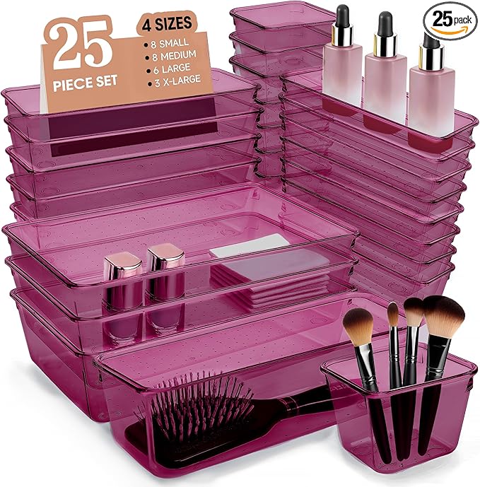 Kitchen Desk Drawer Organizers Storage for Office, Small Acrylic Vanity Trays Makeup for Drawer Bathroom Plastic Make up Organizers 25 Pcs Burgundy