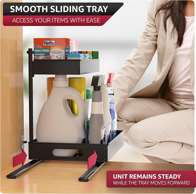 Sorbus Under Sink Organizer with Sliding Tracks – Pull Out Cabinet Organizer with Drawer & Installation Rails – Under Cabinet Bathroom Storage Organizer for Kitchen, Pantry, or Vanity –Black 1 Pack