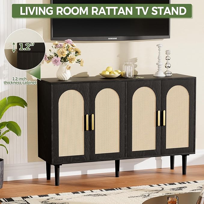 47.2" Rattan Sideboard Buffet Credenza Cabinet, Farmhouse Kitchen Coffee Bar Cabinet with Storage, Boho Accent Buffet Console Table for Entryway Living Room, Dining Room
