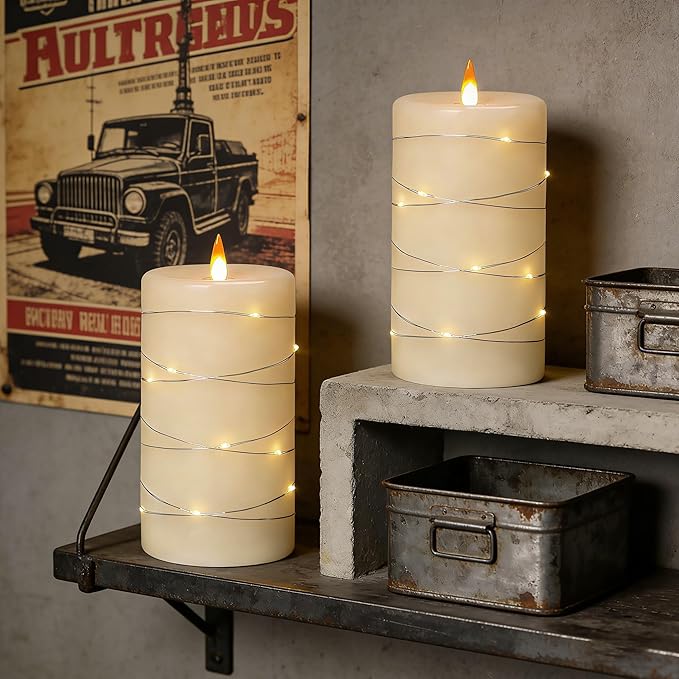 HaitanghuaRechargeable Flameless Candles, LED Candles, Candles with Remote and Timers, Real Wax Pillar Candles, with Flickering Embedded Star String，Ivory White, Set of 2