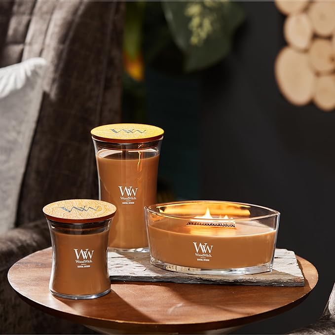 WoodWick Medium Hourglass Candle Santal Myrrh - Premium Soy Blend Wax Pluswick Innovation Wood Wick Made in USA