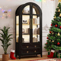 LVSOMT 71" Tall Arched Storage Cabinet with Glass Doors and Drawers, Curio Display Cabinet with Adjustable LED Light & Human Sensor, 4-Tier China Cabinet for Living Room(Black+Wood)