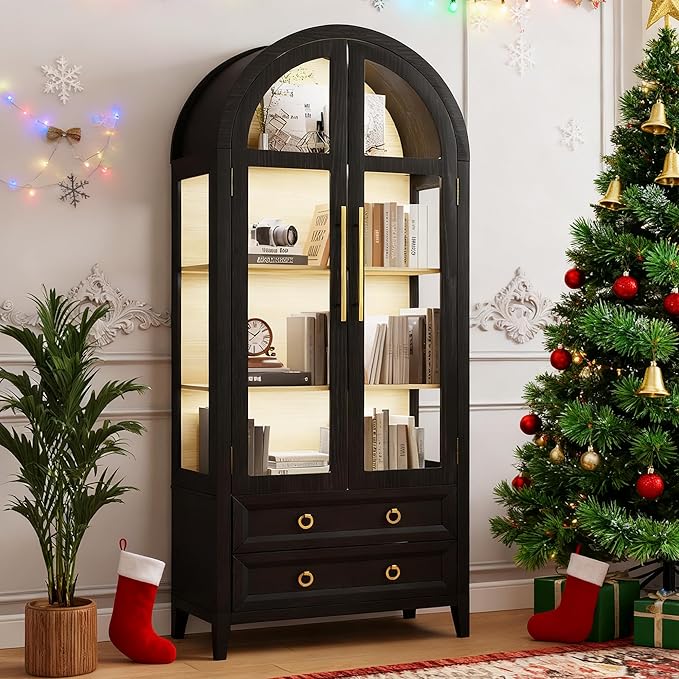 LVSOMT 71" Tall Arched Storage Cabinet with Glass Doors and Drawers, Curio Display Cabinet with Adjustable LED Light & Human Sensor, 4-Tier China Cabinet for Living Room(Black+Wood)