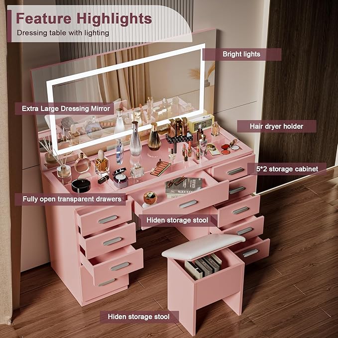 Vanity Desk with Mirror and Lights, 50" Makeup Vanity with Glass Top & Power Outlet, White Vanity with 11 Drawers & 8 Hidden Storage Shelves, 3 LED Lighting Modes Adjustable for Bedroom (PINK)