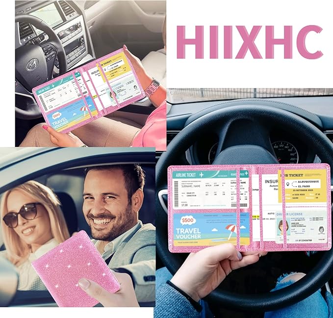 Car Registration and Insurance Holder, 5.5 x 5 Inch PU Leather Vehicle Glove Box Organizer Wallet Case Organizer for Insurance Card, Driver License, Essential Document, Paperwork Glitter Hot Pink