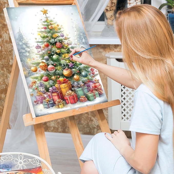 Bowetile Christmas Tree Paint by Numbers for Adults Beginners Framed, Adults' Paint-by-Number Christmas Kits on Canvas, Acrylic Number Painting Christmas Gifts for Home Decor, 8x12in