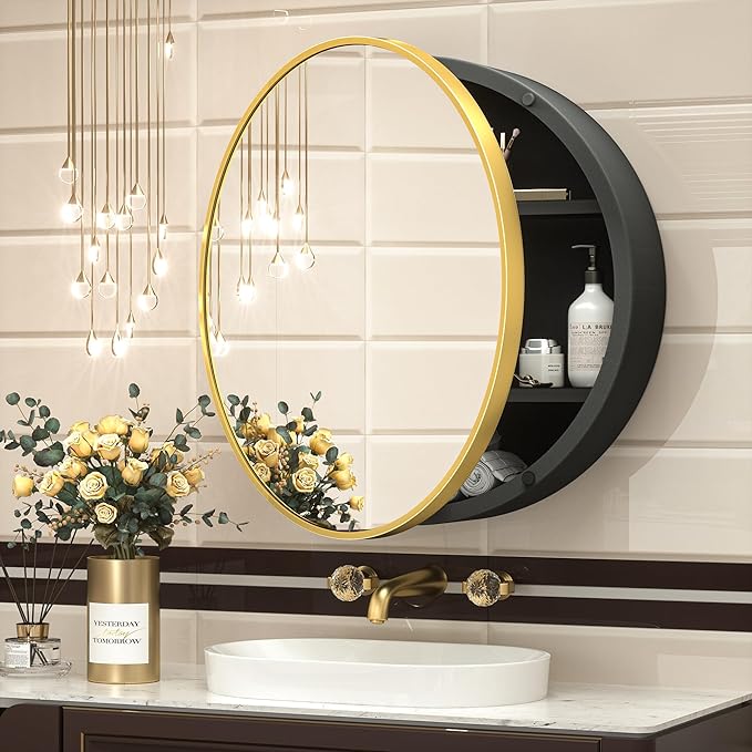 TokeShimi 20 Inch Round Gold Framed Medicine Cabinet for Bathroom with Vanity Mirror Small Metal Bathroom Mirrored Cabinet for Wall Mounted Only Circle Farmhouse Medicine Cabinet Detachable Shelves