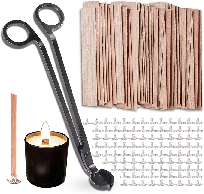 200 Pcs Wooden Candle Wicks for Candle Making, 5.1 x 0.5 Inch Natural Wood Wicks with Metal Base, Smokeless Crackling Wicks for DIY Soy Wax & Paraffin Candles (100 Sets)