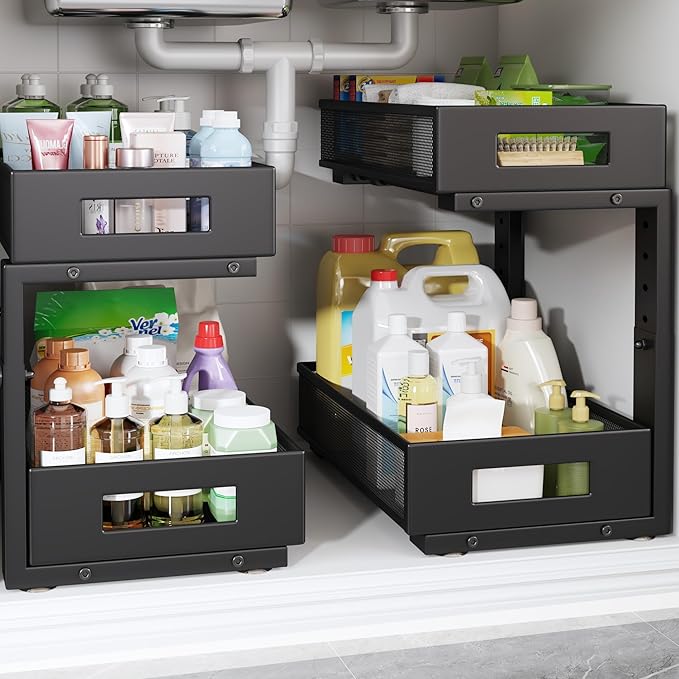 2-Pack Under Sink Organizers And Storage,Large Capacity 2-Tier Pull-Out Cabinet Organizer With Upgraded Tube Rails,Adjustable Height Sliding Drawers,Sturdy Mesh Shelves For Kitchen&Bathroom-Black