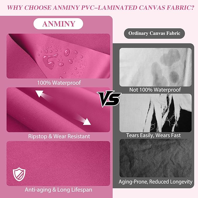 ANMINY 100% Waterproof Outdoor Fabric 10 Yards, 58" W 600D Marine Canvas Fabric with PVC Backing, Ripstop Upholstery Material by The Yard for Furniture Boat Covers Tent Awning, Pink