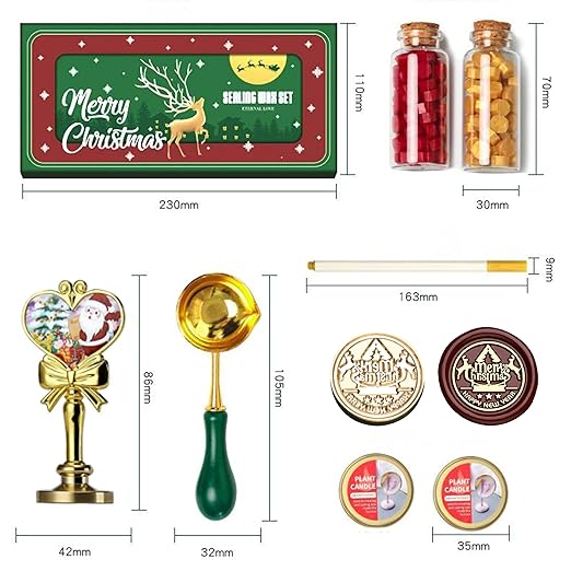 Mceal Christmas Wax Seal Stamp Kit with Santa Claus Handle,2 Colors Wax Beads, Melting Spoon,Golden Color Pen,2 Candles for DIY Gift Wrapping, Holiday Greeting Cards