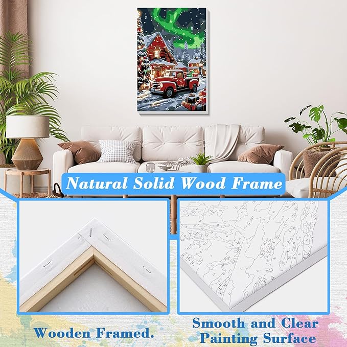 Skyboda Christmas Paint by Numbers Kit for Adults Beginners with Frame, Christmas Tree Adult Paint by Number Kits on Canvas, Easy DIY Oil Painting Kits for Home Decor, 8x12in（Truck House Aurora）