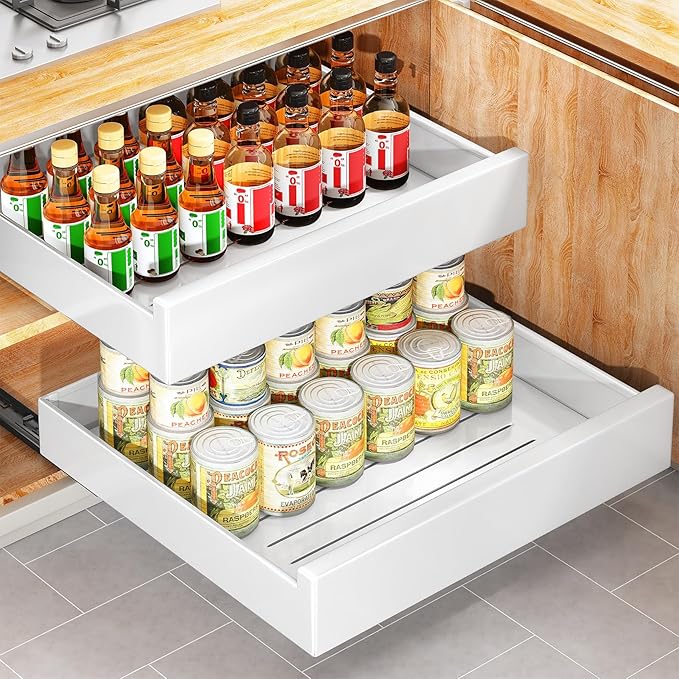 Pull Out Cabinet Organizer with Nano Adhesive, Heavy Duty Full-Extension Slide-Out Drawer for Kitchen Cabinet Organizers and Storage, No Drill Roll out Pantry Shelf, 18.5"W x 16.9"D x 3.1"H , White