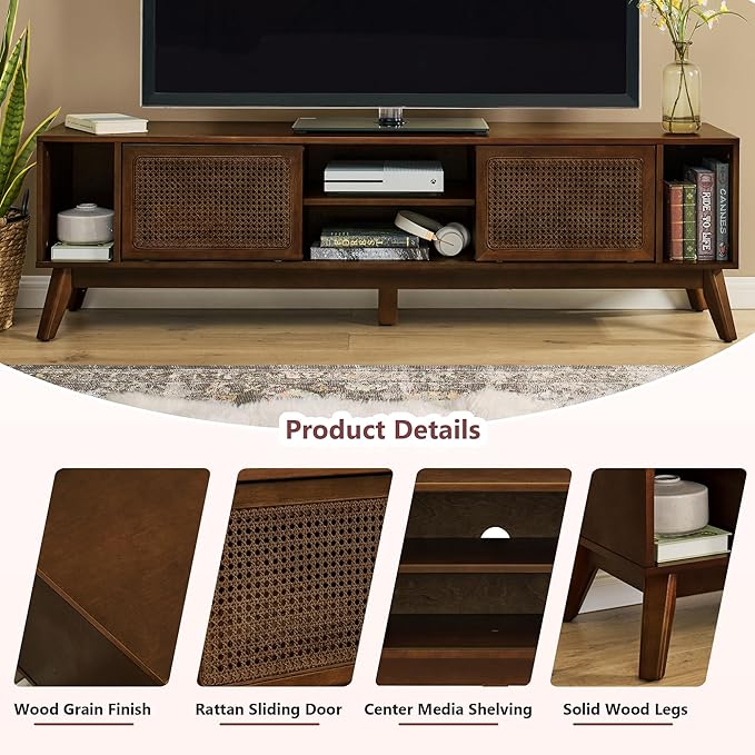 Amposei Mid Century Modern TV Stand Entertainment Center for 65/70/75 inch TVs, Sliding Rattan Door Wooden Console Storage Cabinet with Wood Legs for Living Room, Walnut