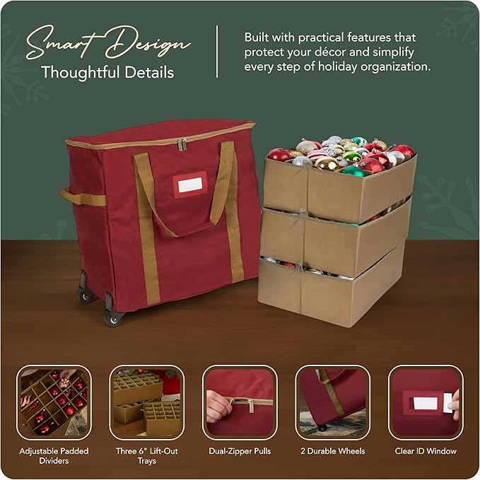 Covermates Keepsakes Rolling Adjustable Ornament Storage Bag – Heavy-Duty Polyester, FlexGrid Trays & Padded Dividers – Protective Holiday Organizer with Wheels, Handles & ID Window, Red