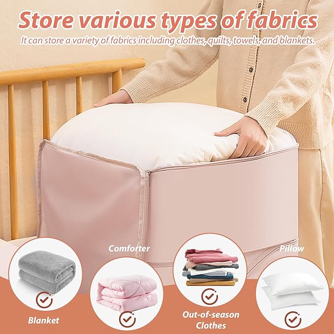 Veki Comforter Storage Bag, Space Saving Self Compression Foldable Blanket Storage Bags, Closet Organizer With Handle and VisualiZation Window, Large Capacity 130L for Bedding, Clothes (Pink, L)