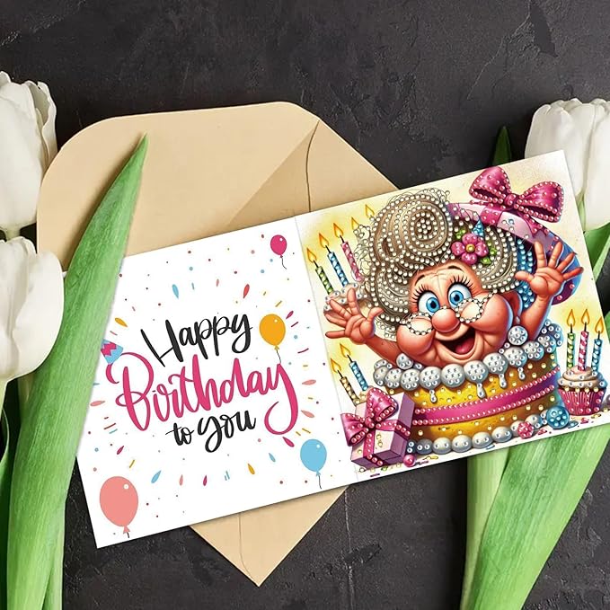 DoxQcs 5D Diamond Art Painting Greeting Cards Kit, DIY Cards for Blessings Congratulations Gifts, Greeting Card Set for Birthday Thanksgiving Day Christmas Halloween-Grandma's Birthday