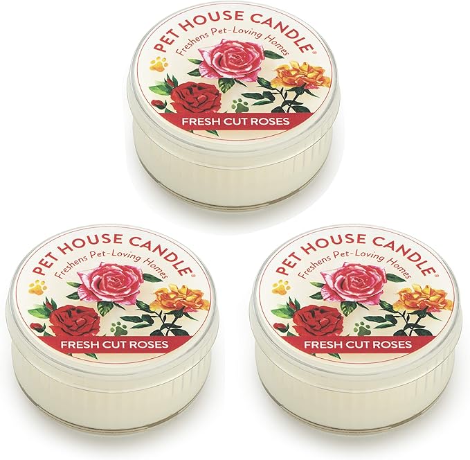 Pet House Mini Candles for Pet Odor Made with Natural Soy Wax, Plant Based, Dog and Cat Friendly Scented Candles, Fresh Cut Roses Pack of 3