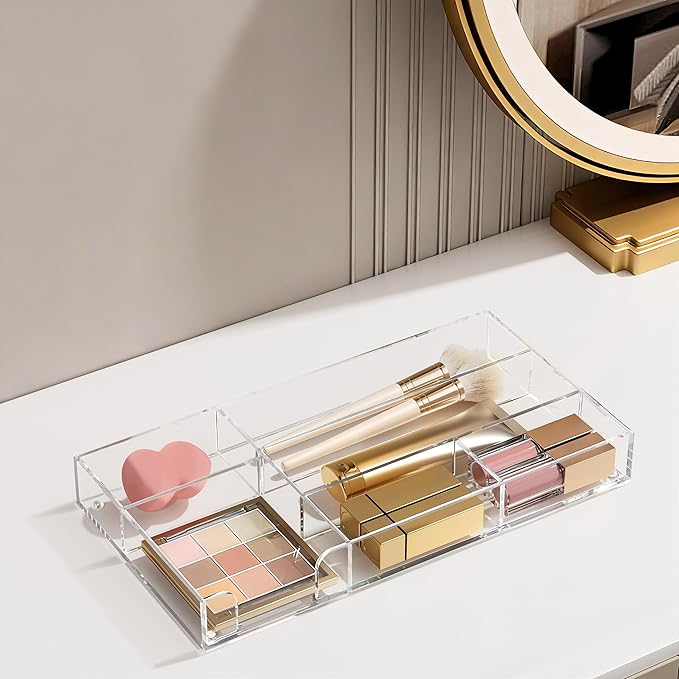 HBlife Acrylic Desk Drawer Organizer Tray with 6 Compartments, Small Clear Office Drawer Organizers and Accessories for Pens, Pencil, Makeup, Desktop, Bathroom and Kitchen, 11.65 x 6.1 x 1.38 Inch