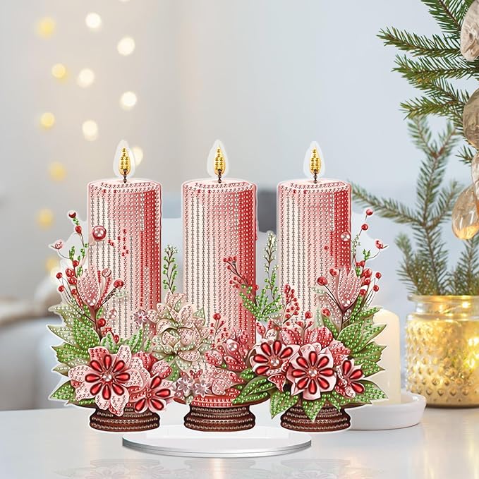 5D DIY Diamond Painting Tabletop Ornament Kits Pink Candle, Christmas Diamond Art Desktop Ornament, Special Shaped Crystal Rhinestone Diamond Art Table Top Home Office Christmas Decor (24x21.3cm)