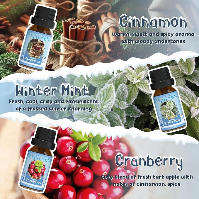 ARVIDSSON Winter Essential Oils Set, Holiday Fragrance Oil for Diffuser， Candle Making - Cinnamon, Christmas Wreath, Apple Cider, Gingerbread, Cranberry, Winter Mint Scented Oils for Home