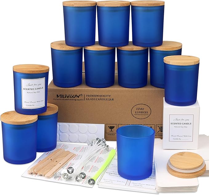 MILIVIXAY 12 Pack 10 OZ Frosted Blue Glass Candle Jars With Lids and Candle Making Kits - Bulk Empty Candle Jars For Making Candles - Spice, Powder Containers.