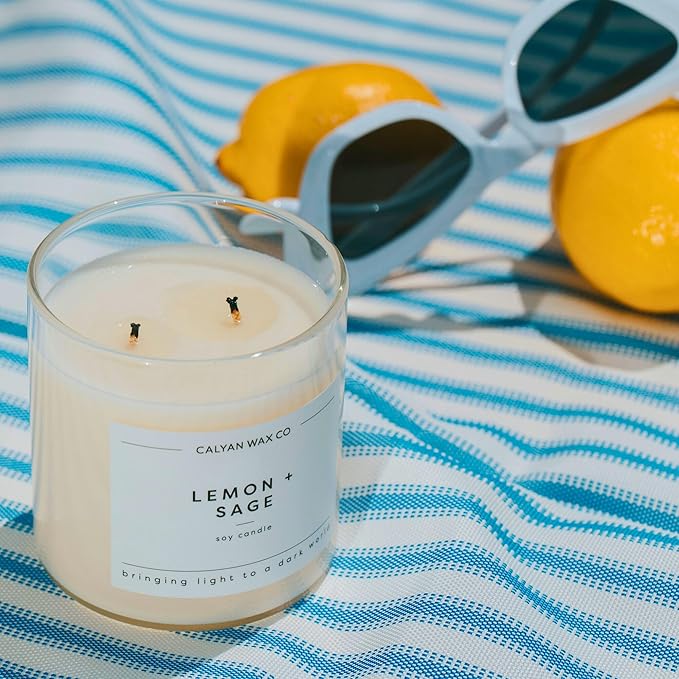 Calyan Wax Co. Lemon & Sage 2 Wick Scented Candle - 37 Hour Burn - Luxury Non Toxic Soy Wax Candles - Long Lasting Large Glass Jar Candle for Home - 8.8oz