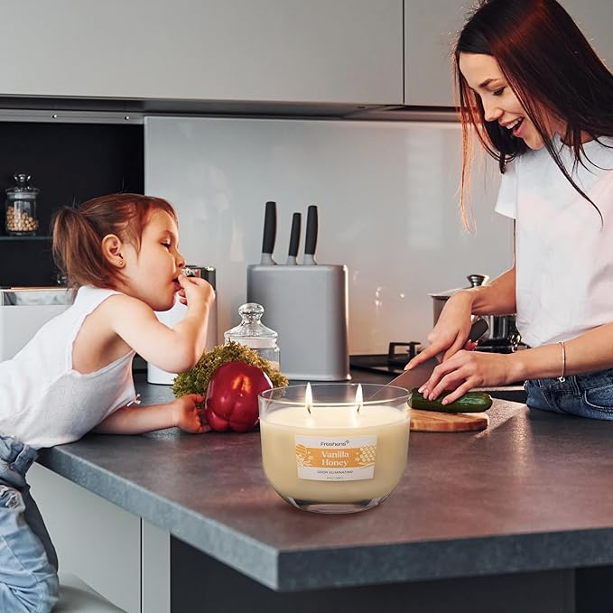 Carolina Freshens Vanilla Honey Odor Eliminating Highly Fragranced Candle for Home Scented, Eliminates 90% of Pet, Smoke, Food and Other Smells Quickly, 2 Wick, 14 oz - Made in The USA