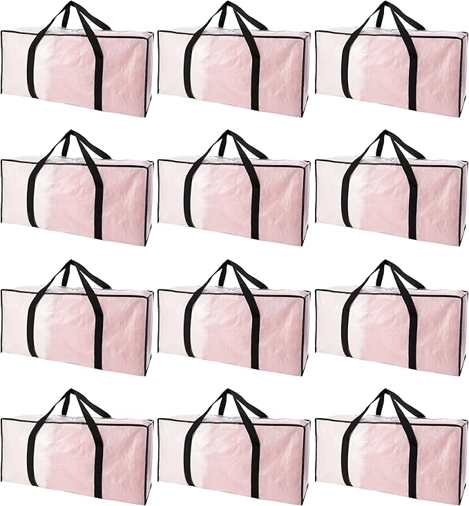 PANDA JOYS Extra Large Moving Bags with Zippers & Carrying Handles, Heavy-Duty Storage Tote for Space Saving Moving Storage, Fold Flat, Alternative to Box and Bin - 12 Pack, Semi-Transparent