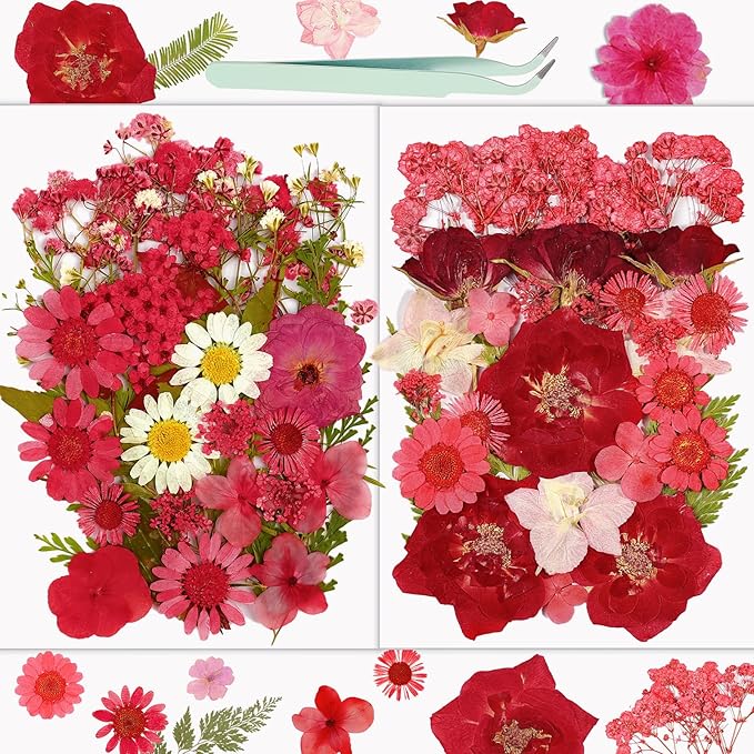 Dried Flowers, Resiners 58Pcs Pressed Flowers for Craft Red Real Natural Dried Flowers Dry Leaves Kit for DIY Making Crafts Resin Soap Candle Scrapbook Supplies Card Making Jewelry