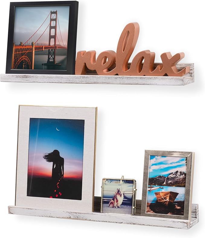 Rustic State Ted 24" Wall Mount Picture Ledge Photo Frame Display - Wooden Floating Shelves for Living Room Office Kitchen Bedroom Bathroom Décor Storage - Distressed White - Set of 2