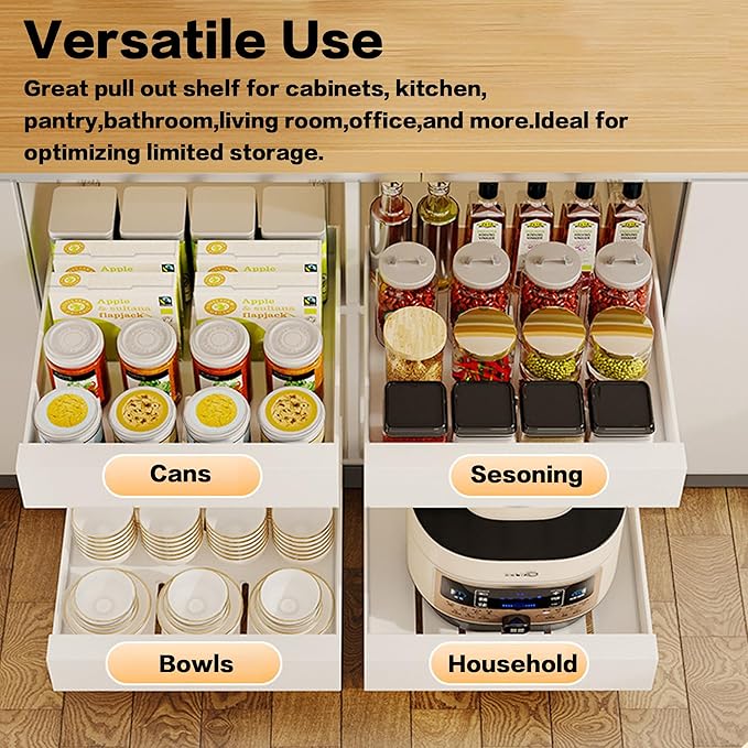 2 Pack Pull Out Cabinet Organizer Adhesive, 12" Wide,16.9" Deep Heavy Duty Slide Out Drawers for Face Frame or Frameless Cabinets, Roll Out Cabinet Organizer for Kitchen Organizer, Bathroom,Pantry
