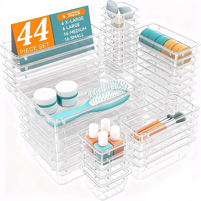 WOWBOX 44 PCS Clear Plastic Drawer Organizer Set, 5 Varied Size storage Bins and Desk Drawer Organizer Tool Trays for Makeup, Gadgets, Jewelry and Utensils in Bathroom, Bedroom and Office, Clear