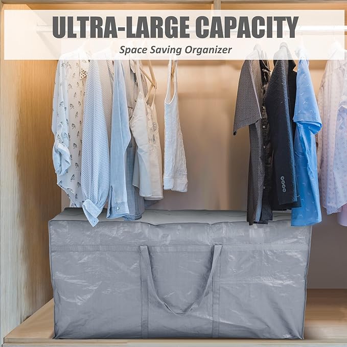 Windyun 4 Pack 69 Gallon Extra Large Moving Bags XXL Heavy Duty Storage Bag with Strong Zipper Handle Jumbo Big Tote Box Foldable for College Dorm Travel Clothes Duffle Blanket Pillow(Silver)