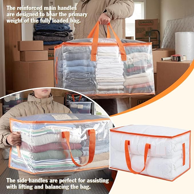 KYODOLED Clear Moving Bags with Orange Handles, 2-Pack Heavy Duty Storage Totes for Clothes & Bedding, Extra Large 27"x14"x15" (24 Gal), Foldable Transparent Moving Supplies with Label Pocket