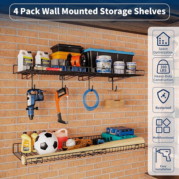 4 Pack Garage Wall Shelf, Wall Mounted Storage Shelves, Heavy Duty Metal Shelves for Room Wall, Loads 160 LBS Floating Shelves Mesh Storage Rack for Garage, Office, Basement,Wall Cabinet and Kitchen