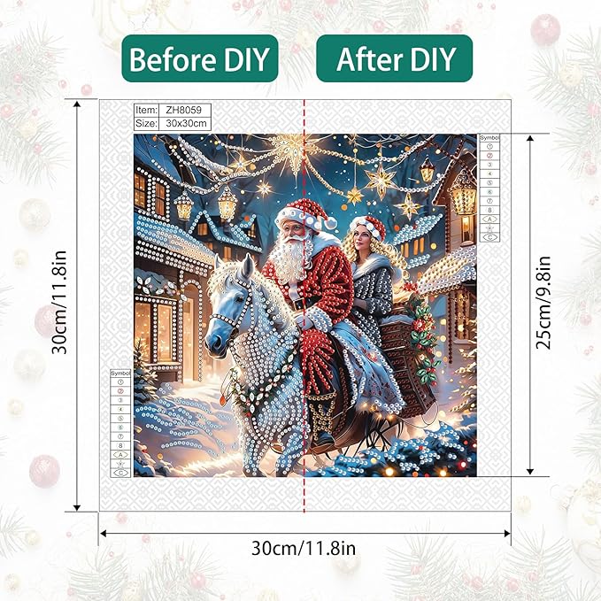 5D Special Shape Christmas Diamond Painting Kits for Adults, Santa Claus and Companion Riding Through Dreamy Fairytale Town, Crystal Rhinestones Diamond Art Canvas for Home Wall Decor Gift, 12×12 Inch