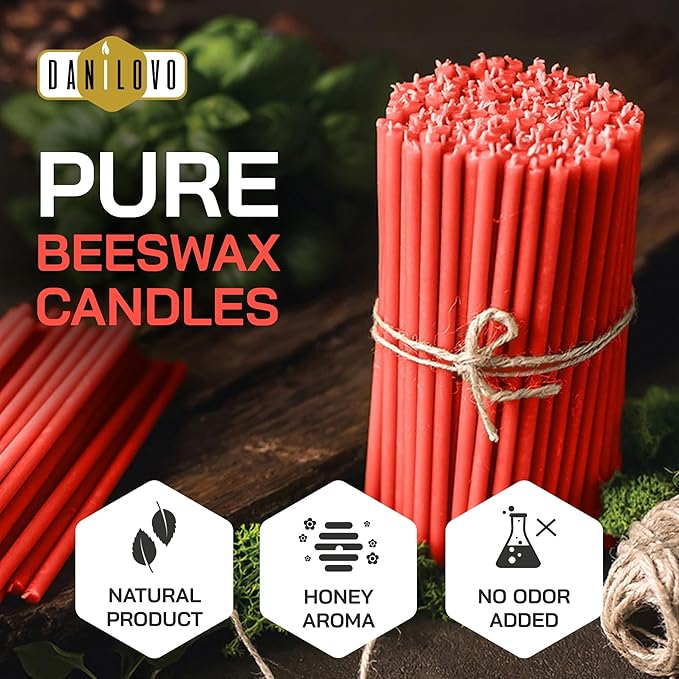 Danilovo Thin Taper Beeswax Candles - Honey-Scented, Decorative Candles Ideal for Birthday Decoration or Church Prayers - Red Drip Free, Tall & Smokeless Pack of 50 pcs, 7.3 x 0.24 inch