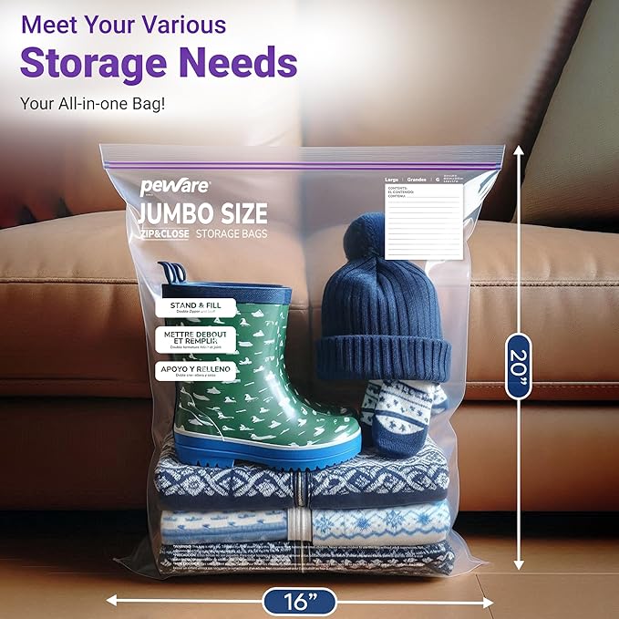 Large Storage Bags, 16"x20" Jumbo Plastic Bag, BPA Free, 3.5 Gallon XL Zipper Lock Baggies for Clothes Pillow Travel Moving - 30 Roomy Bags