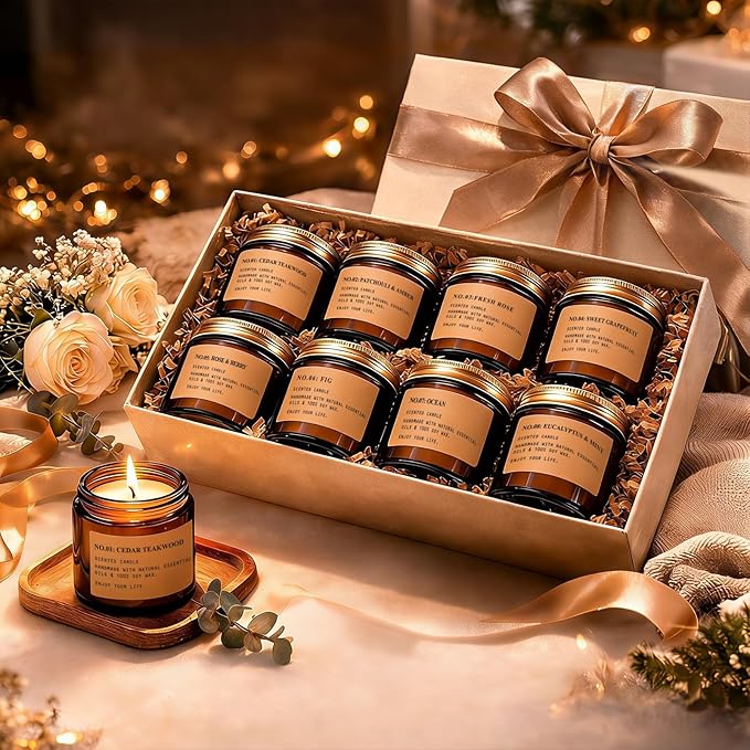Scented Candles for Home, 8 Pack Soy Wax Candle Set, Aromatherapy Candles, Amber Jar Vintage Apothecary Style, 8 Scents Gift Set