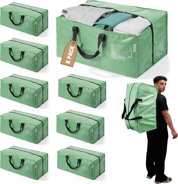 WORKPRO 8 Pack Extra Large Moving Bags with Zippers & Carrying Handles Backpack Straps, Heavy-Duty Storage Tote for Space Saving & Storage, Alternative to Moving Box (Green)