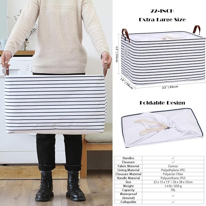 Hinwo 70L Extra Large Storage Bins, 6-Pack Closet Organizers and Storage, Foldable Clothes Storage Baskets with Handles, Containers for Clothing, Blanket, Comforters, Toys, Bedding (Navy Stripe)
