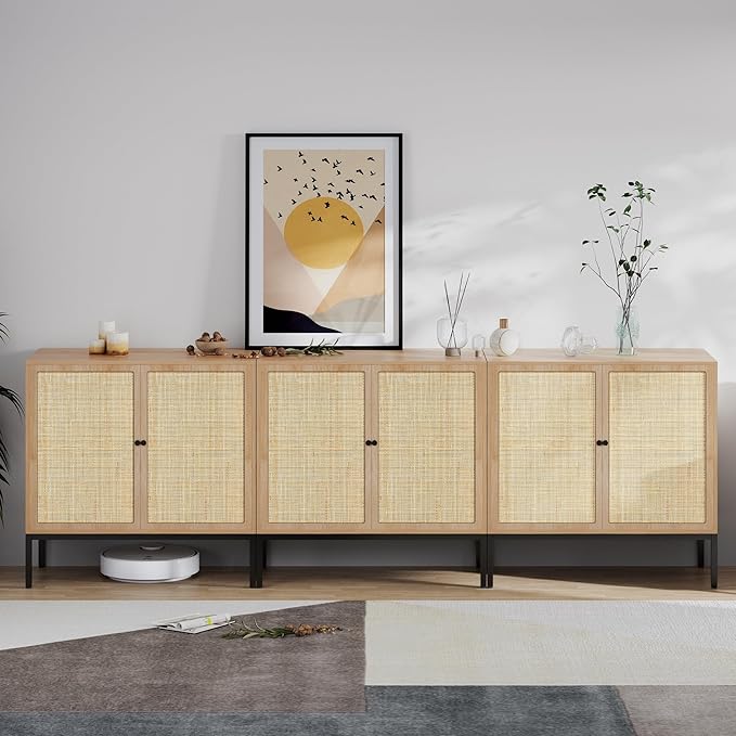 XIAO WEI Sideboard Buffet Cabinet with 2 Natural Rattan Decorated Doors, 31.5" W Accent Rattan Cabinet, Boho Credenza Storage Cabinet, for Living Room Dining Room Hallway, Metal Legs, Natural(3 PCS)
