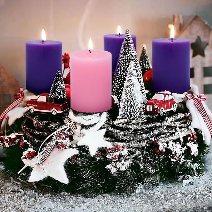 Set of 4 2x3 Inch Advent Pillar Candles, Dripless Unscented Purple and Pink Candles for Christmas Advent Holiday Season - 24 Hours Burn Time
