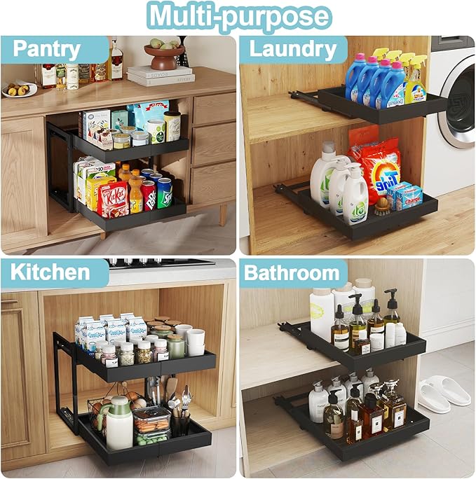 Golener 2-Tier Expandable Pull Out Cabinet Organizer - Pull-Out Drawers for Kitchen Cabinets, 2 Slide Home Storage Organizers, Slide Out Shelves for Base Cabinet Organization in Kitchen, Black Metal